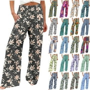 Women's Flowy Baggy Wide Leg Linen Pants Fashion Floral Print Palazzo Pants Elastic High Waisted Lounge Pant Trousers with Pockets Multicolor M Clearance Sale